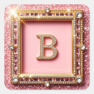 Pegatina Cuadrada Diamante Inicial B Purpurina Dorada Marco Monogram