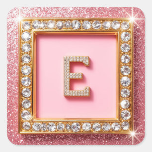 Pegatina Cuadrada Diamante Inicial E Marco de Oro Glitter Rosa Monog