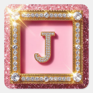 Pegatina Cuadrada Diamante Inicial J Purpurina Dorada Marco Monogram