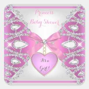 Pegatina Cuadrada Diamantes de Baby Shower de Princesa Bebé Niña Ros