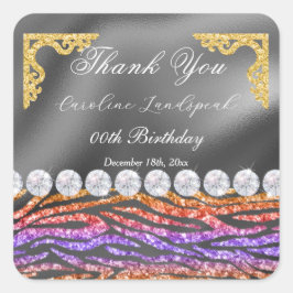 Pegatina Cuadrada Diamantes y Naranja Purpurina Púrpura Gracias