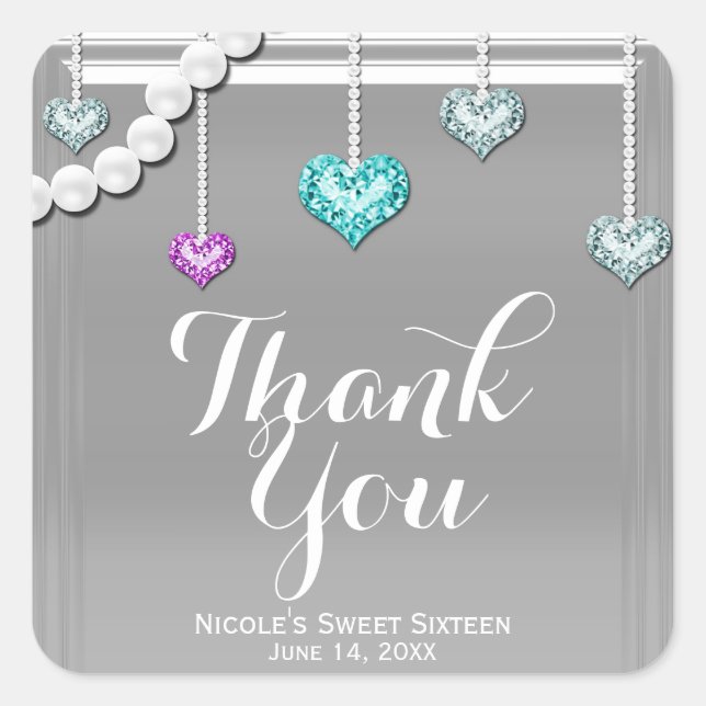 Pegatina Cuadrada Diamantes y perlas Joyas Bling Fiesta de Glam Plat (Anverso)