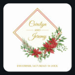Pegatina Cuadrada Diamond and Poinsettias in Gold and Red Christmas<br><div class="desc">This diamond-shaped, Christmas-inspired design with poinsettias, leaves and holly will be perfect to use on any element of your wedding or event during Christmas holidays. If you do not find what you are looking for or need some kind of modification, contact me and I will do it for you. IMPORTANT...</div>