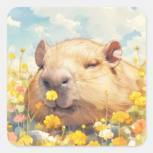 Pegatina Cuadrada Días perezosos de Capibara en flores silvestres