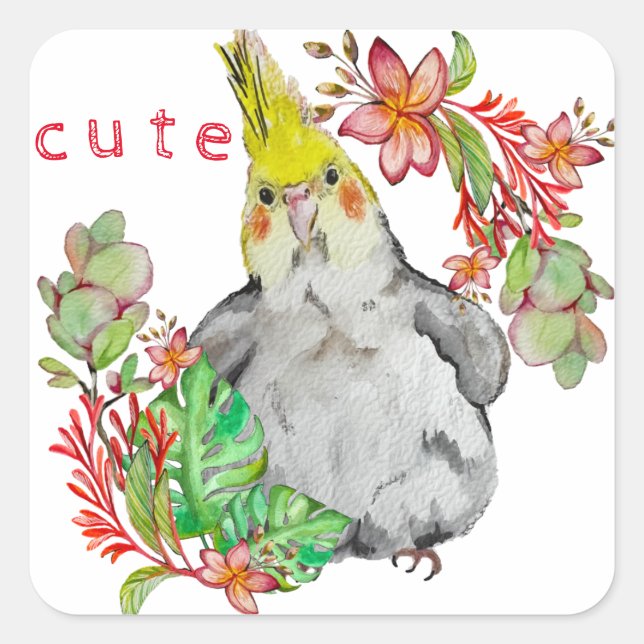 Pegatina Cuadrada Dibujo acuarela de un loro gracioso en un negocio  (Anverso)