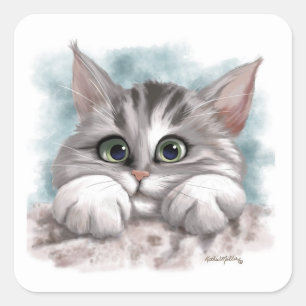 Pegatina Cuadrada Dibujo animado de adorable gatito gris atigrado