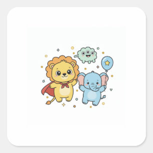 Pegatina Cuadrada Dibujo animado de amigos león y elefante superhéro