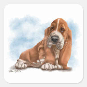 Pegatina Cuadrada Dibujo animado de cachorro adorable de Basset Houn
