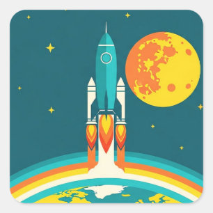 Pegatina Cuadrada Dibujo animado de cohete espacial lindo