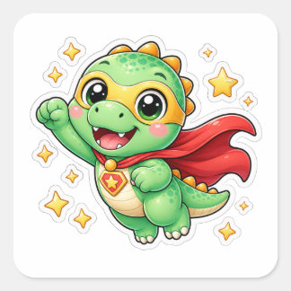 Pegatina Cuadrada Dibujo animado de dinosaurio superhéroe lindo