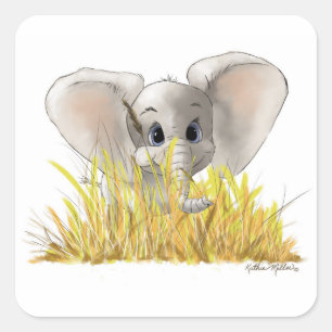 Pegatina Cuadrada Dibujo animado de elefante bebé dulce