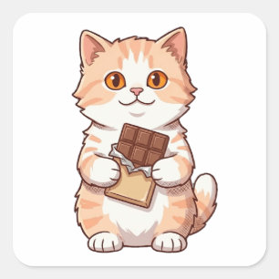 Pegatina Cuadrada Dibujo animado de gato lindo y esponjoso comiendo 