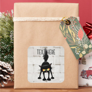 Pegatina Cuadrada Dibujo animado de gato negro divertido y feroz 