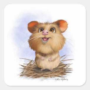 Pegatina Cuadrada Dibujo animado de hámster lindo y esponjoso