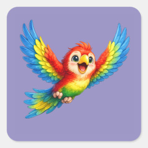 Pegatina Cuadrada Dibujo animado de loro feliz para niños y aves