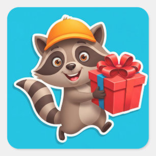 Pegatina Cuadrada Dibujo animado de mapache lindo sosteniendo caja d