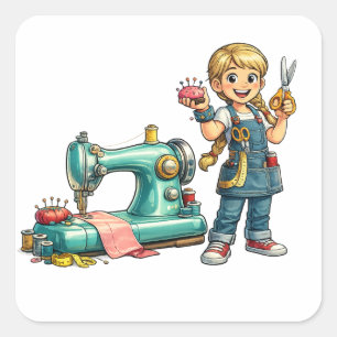Pegatina Cuadrada Dibujo animado de niña linda cosiendo con máquina