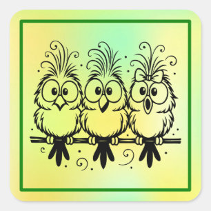 Pegatina Cuadrada Dibujo Animado de Pájaros Divertidos-56456