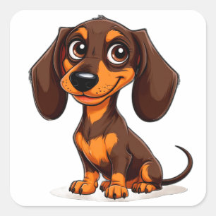 Pegatina Cuadrada Dibujo animado de perro salchicha cachorro dulce