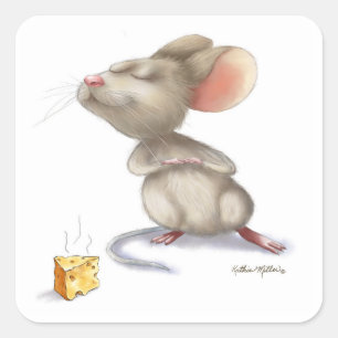 Pegatina Cuadrada Dibujo animado de ratón y queso adorable