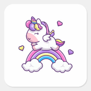 Pegatina Cuadrada Dibujo Animado de Unicornio Adorable con Arcoíris