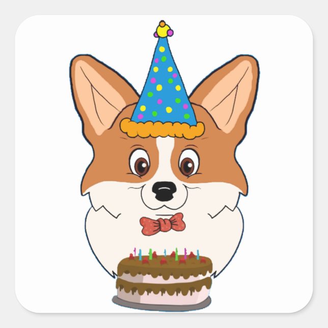 Pegatina Cuadrada Dibujo animado del Corgi Galés del cumpleaños (Anverso)