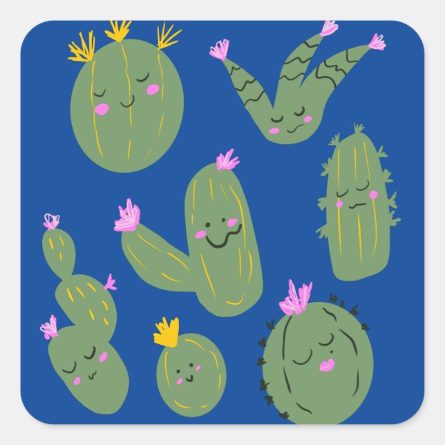 Pegatina Cuadrada Dibujo Animado Divertido Cactus Azul (Anverso)