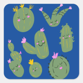 Pegatina Cuadrada Dibujo Animado Divertido Cactus Azul