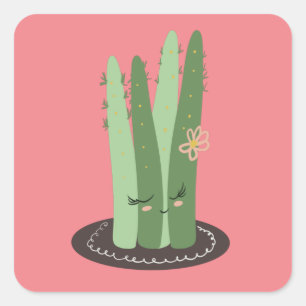 Pegatina Cuadrada Dibujo Animado Divertido Cactus Verde Rosa