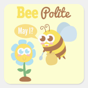Pegatina Cuadrada Dibujo animado: linda abeja recogiendo néctar de u