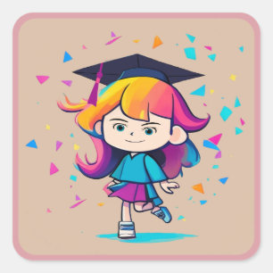 Pegatina Cuadrada Dibujo animado lindo de graduación con birrete de 