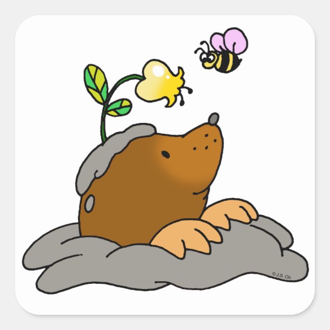 Pegatina Cuadrada dibujo animado lindo del topo con una abeja de la (Anverso)