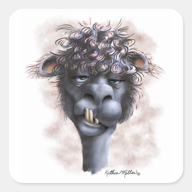 Pegatina Cuadrada Dibujo de Alpaca Dementada (Anverso)