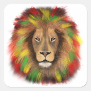 Pegatina Cuadrada Dibujo de cabeza de león Rasta rojo amarillo verde