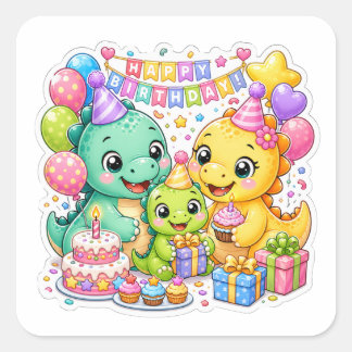 Pegatina Cuadrada Dibujo de dinosaurio para fiesta de cumpleaños lin
