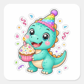 Pegatina Cuadrada Dibujo de dinosaurio para fiesta de cumpleaños lin