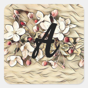 Pegatina Cuadrada Dibujo de flores de cerezo marrones vintage con mo