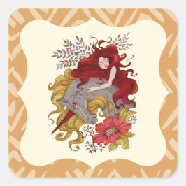 Pegatina Cuadrada Dibujo De Flores De Chica Dulce Y Unicornio