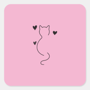Pegatina Cuadrada dibujo de gato gatito lindo con fondo de color ros