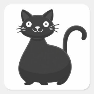 Pegatina Cuadrada Dibujo de gato negro divertido con ojos grandes