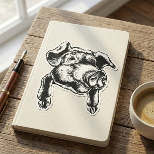 Pegatina Cuadrada Dibujo de granja de cabeza de cerdo en blanco y ne