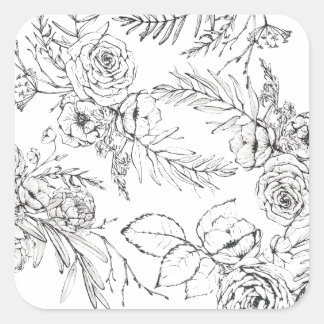Pegatina Cuadrada Dibujo de línea de flores silvestres románticas mo