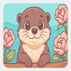 Pegatina Cuadrada Dibujo de nutria adorable con rosas y escena de ag