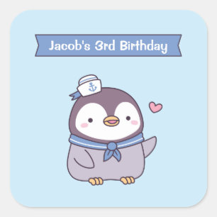 Pegatina Cuadrada Dibujo de pingüino marinero lindo cumpleaños infan