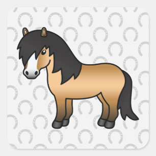 Pegatina Cuadrada Dibujo de pony Shetland color buckskin lindo y div