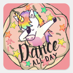 Pegatina Cuadrada Dibujo de Unicornio Arcoíris con Pose de Dab Donut