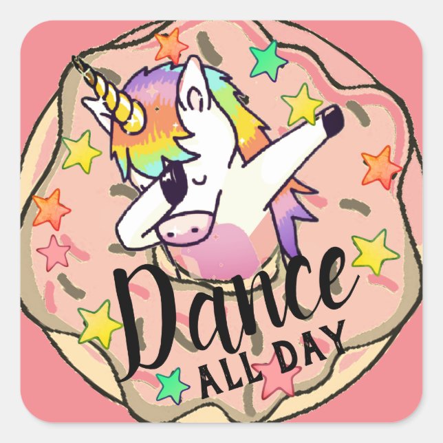 Pegatina Cuadrada Dibujo de Unicornio Arcoíris con Pose de Dab Donut (Anverso)