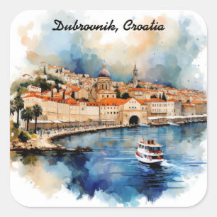 Pegatina Cuadrada Dibujo en Acuarela de Dubrovnik Croacia con Estilo