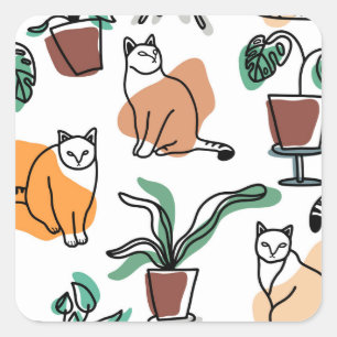 Pegatina Cuadrada Dibujo en línea de gatos y flores