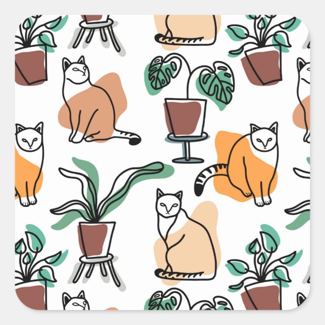 Pegatina Cuadrada Dibujo en línea de gatos y flores (Anverso)